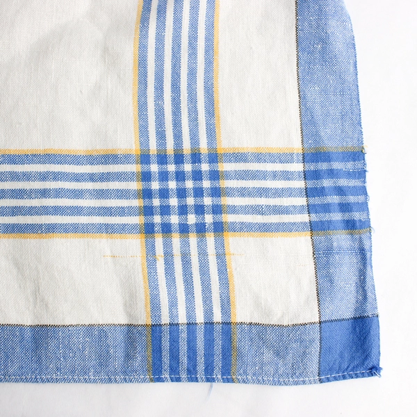Vintage Off-White Blue and Yellow Cotton Picnic Tablecloth 50" x 64"