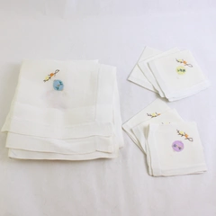 7 Piece Set Vintage 40" Tablecloth and Napkins Lantern Applique Flawed