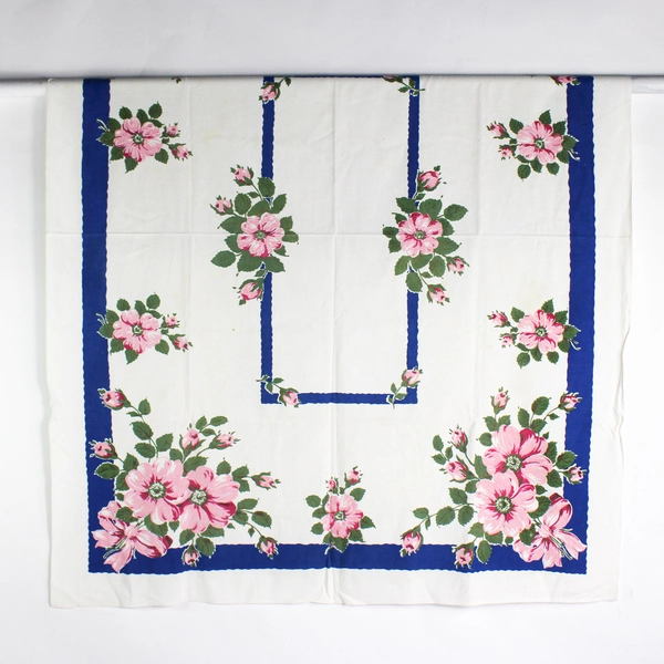 Vintage Cotton Tablecloth Pink Rose Design 50" x 60" DIY Fabric Upcycling