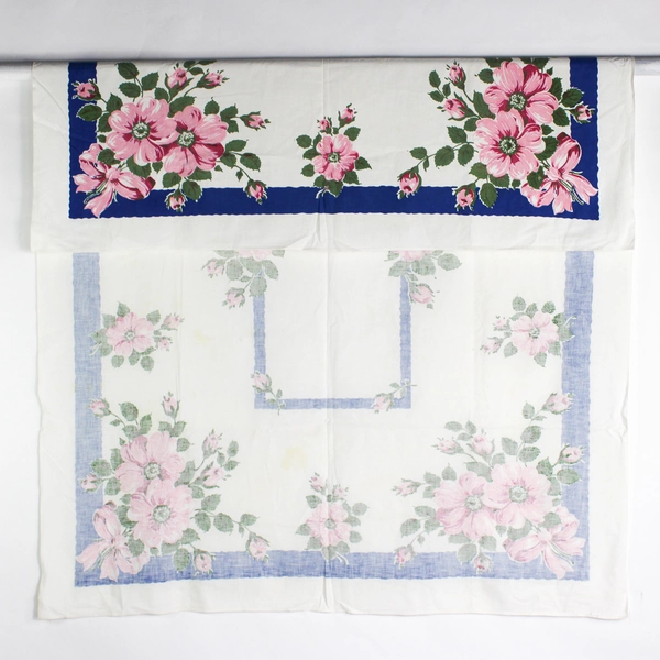 Vintage Cotton Tablecloth Pink Rose Design 50" x 60" DIY Fabric Upcycling