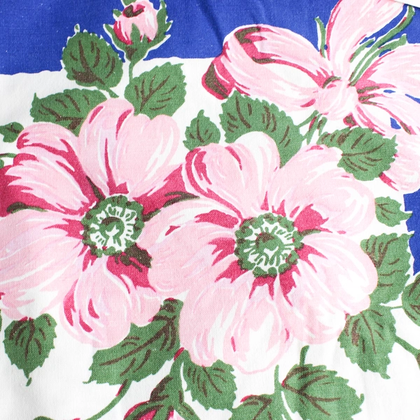 Vintage Cotton Tablecloth Pink Rose Design 50" x 60" DIY Fabric Upcycling