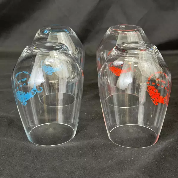 4 Glass Tech Brooks Wine Glasses From Amity Oregon Red And Blue Dragon Logos