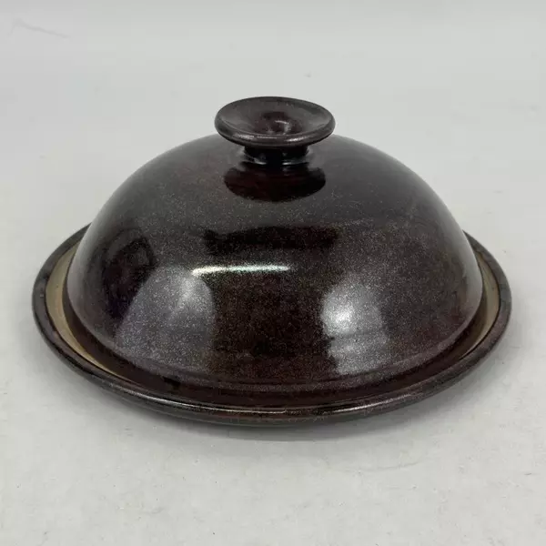 Handmade Pottery Cheese Or Butter Dish with Dome Cloche Lid Signed Brown