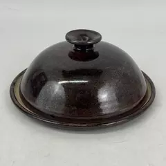 Handmade Pottery Cheese Or Butter Dish with Dome Cloche Lid Signed Brown