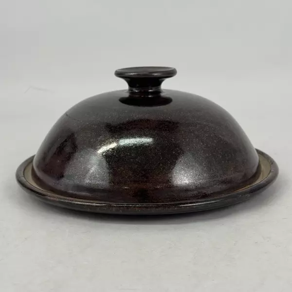 Handmade Pottery Cheese Or Butter Dish with Dome Cloche Lid Signed Brown