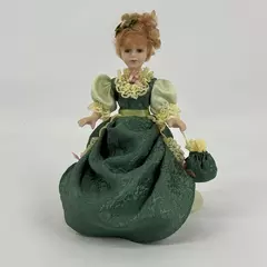 Vintage 9 Inch Blonde Victorian Porcelain Doll With Green Dress And Handbag