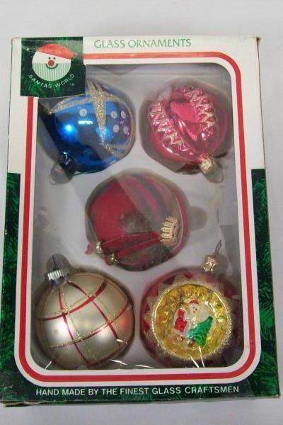 Box Of 5 Christmas Ornaments Red Blue White Glittery Round One Hallow