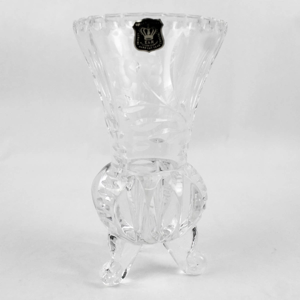 Golden Crown Hand Cut 3 Footed Lead Crystal Vase With Etched Flowers 6.5 inch