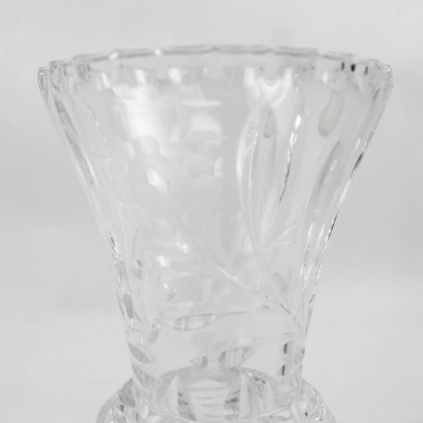 Golden Crown Hand Cut 3 Footed Lead Crystal Vase With Etched Flowers 6.5 inch
