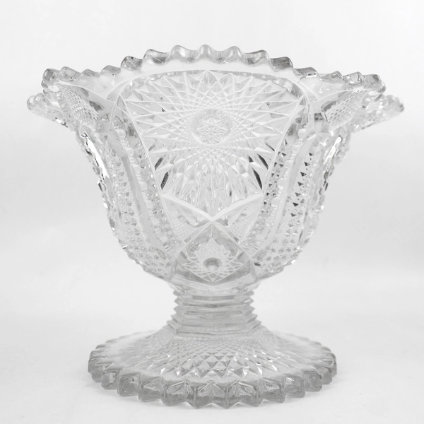 Vintage Cut Crystal Footed Compote Star Diamond Pattern 6.75 Inch