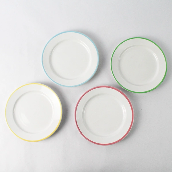 Set of 4 White Ceramic Saucers With Pastel Trims for Spring and Easter 6"
