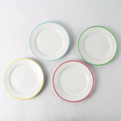 Set of 4 White Ceramic Saucers With Pastel Trims for Spring and Easter 6"