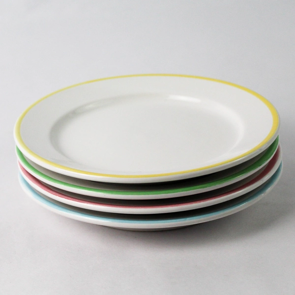 Set of 4 White Ceramic Saucers With Pastel Trims for Spring and Easter 6"