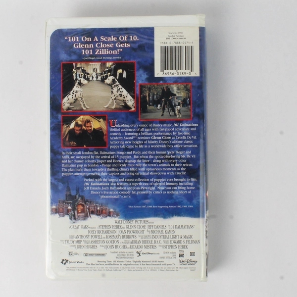 VHS Walt Disney Pictures 101 Dalmatians Starring Glenn Close Live Action 
