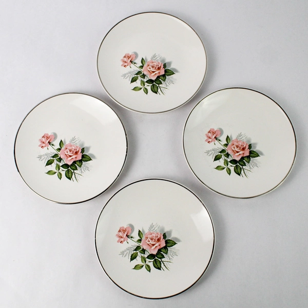 Set of 4 Taylor Smith Taylor Summer Rose Platinum Bread Plates 6.5 Inch