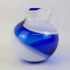 Kamei America Group Hand Blown Vase with Handle Blue And White Swirl