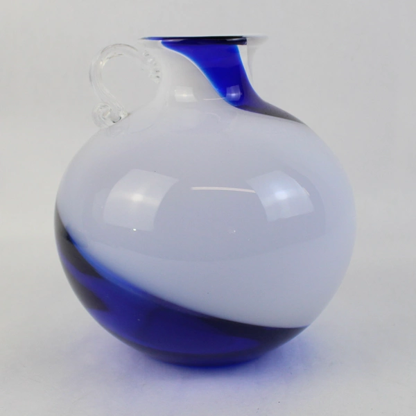 Kamei America Group Hand Blown Vase with Handle Blue And White Swirl