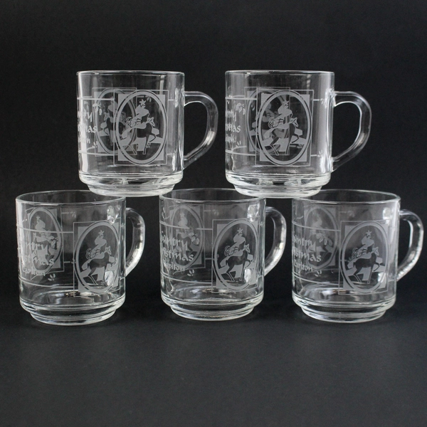 Set of 5 Luminarc Glass Coffee Mugs Etched Christmas In Carlton