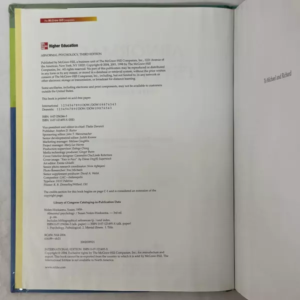 Abnormal Psychology by Susan Nolen-Hoeksema 2003 Hardcover