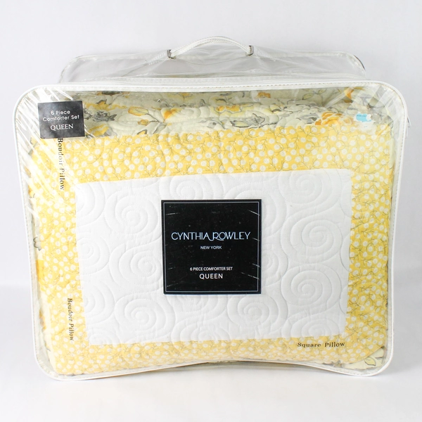 Set of 5 Cynthia Rowley Yellow Floral Queen 92"x96" Comforter 2 Pillows 2 Cases