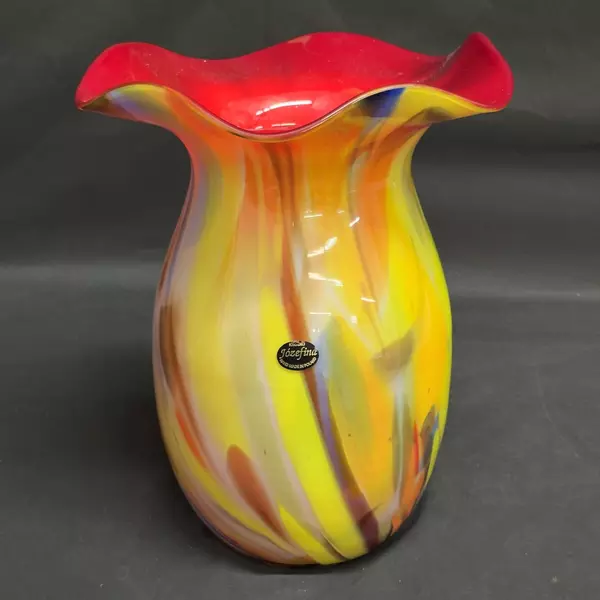 Krosno Jozephina Handcrafted Art Glass Floor Vase Multicolor Ruffled Rim 13 Inch