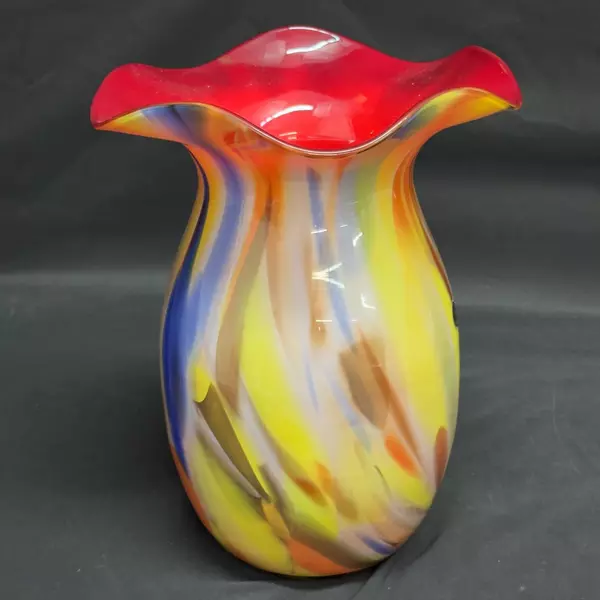 Krosno Jozephina Handcrafted Art Glass Floor Vase Multicolor Ruffled Rim 13 Inch