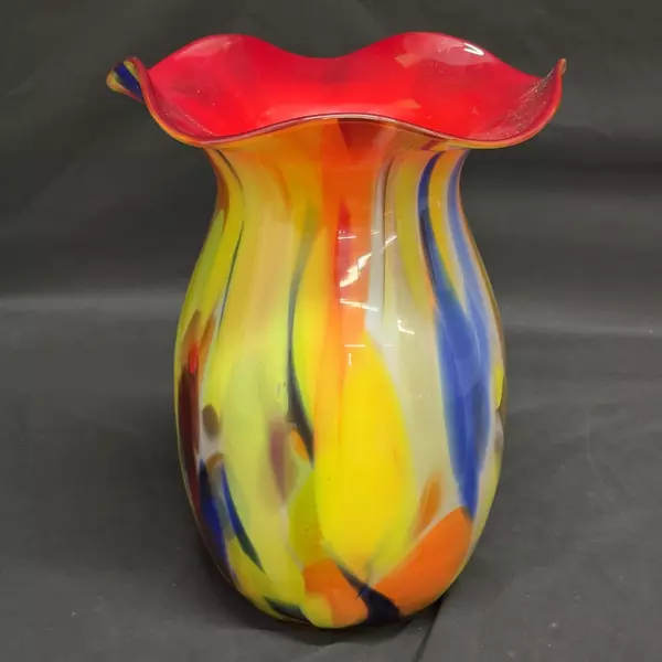 Krosno Jozephina Handcrafted Art Glass Floor Vase Multicolor Ruffled Rim 13 Inch