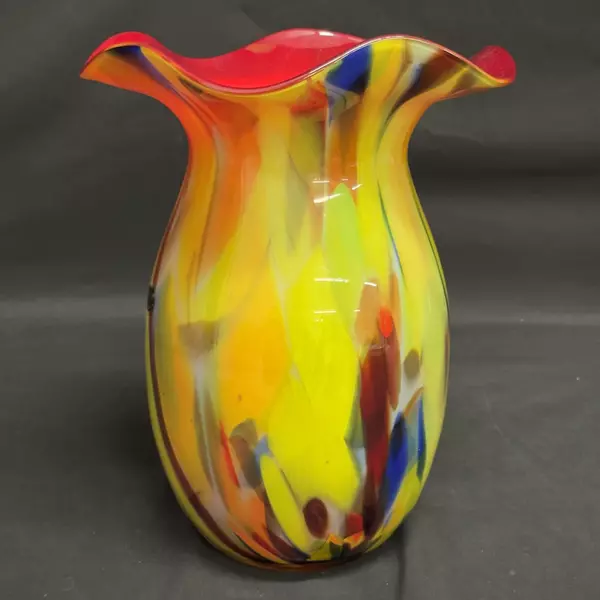 Krosno Jozephina Handcrafted Art Glass Floor Vase Multicolor Ruffled Rim 13 Inch