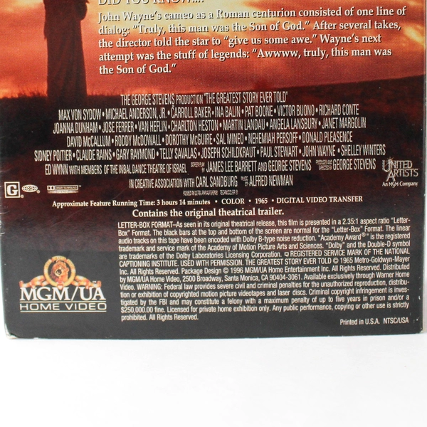 2 Tape Set of The Greatest Story Ever Told 1996 MGM VHS Rated G Movie