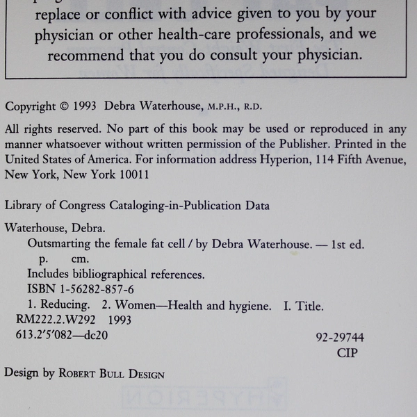 Outsmarting the Female Fat Cell by Debra Waterhouse 1993 Hyperion HC DJ First Ed
