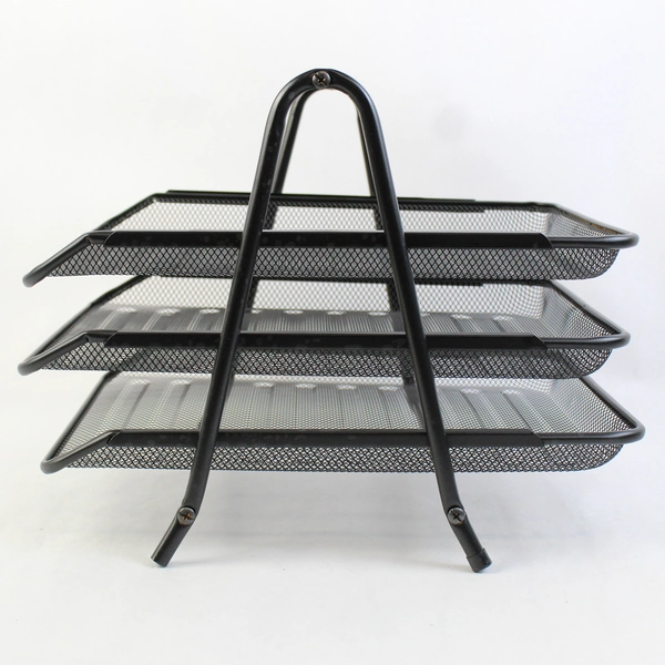 3-Tier Paper Tray Desktop Organizer Black Metal Mesh Files Storage
