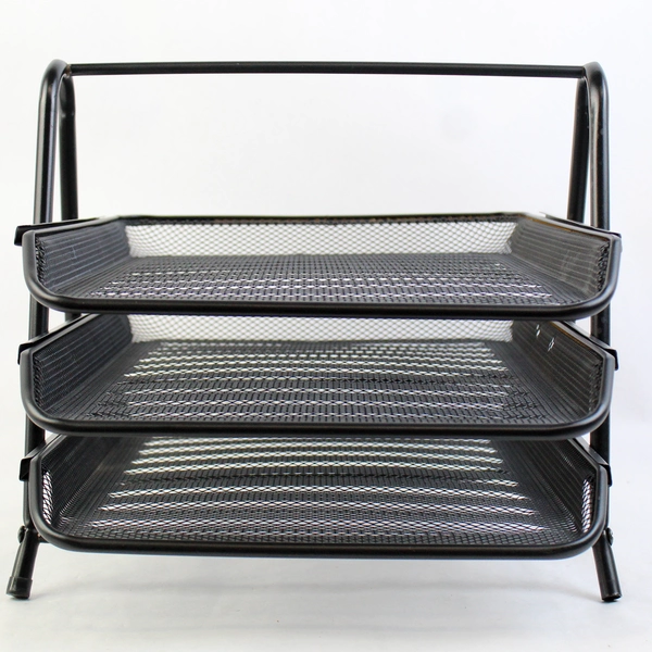 3-Tier Paper Tray Desktop Organizer Black Metal Mesh Files Storage