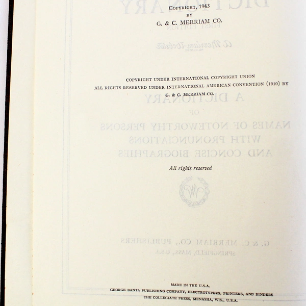 Webster's Biographical Dictionary Reg. U.S Pat Off. 1943 Hard Cover