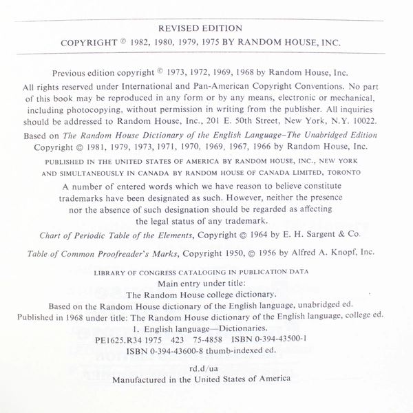 The Random House College Dictionary Revised Edition 1982 Hardcover