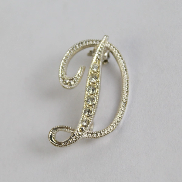 Letter D Women's Silver Tone Rhinestone Brooch