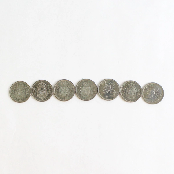 Lot of Seven 5 Peseta Coins From Spain Dated 1975 to 1984