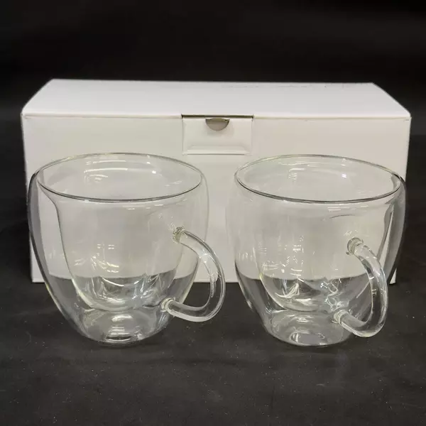 Set of 2 Double Walled Clear Glass Coffee Cups Mugs 4 inch