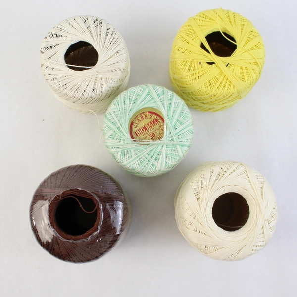 Lot of 5 Partly Used Vintage Thread Spools in White Yellow Green and Brown