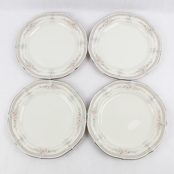 Set of 4 Noritake Rothschild 7293 Salad Plates Floral Platinum Trim 8 inch