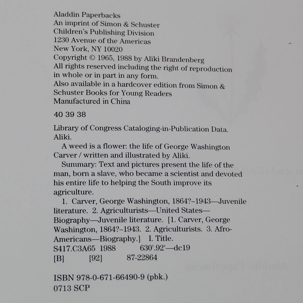 A Weed Is A Flower Aliki Paperback Aladdin Book 1988 George Washington Carver