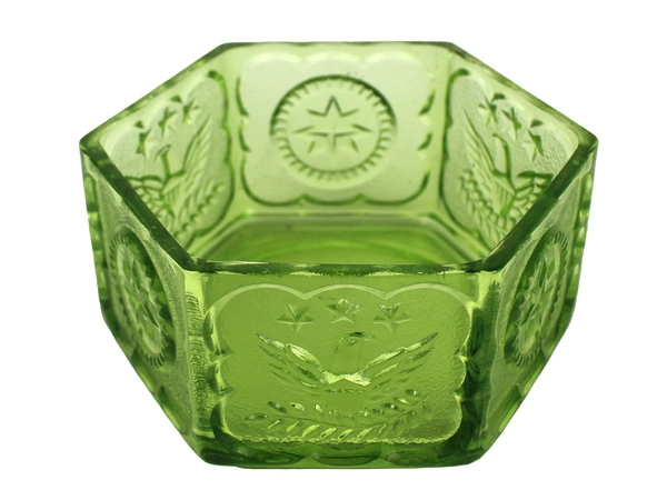 Vintage Indiana Glass Green Hexagon Candy Bowl 5" Wide Eagle Star Dish