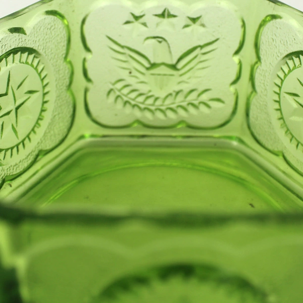Vintage Indiana Glass Green Hexagon Candy Bowl 5" Wide Eagle Star Dish