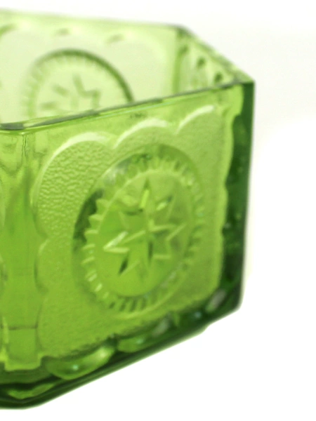 Vintage Indiana Glass Green Hexagon Candy Bowl 5" Wide Eagle Star Dish