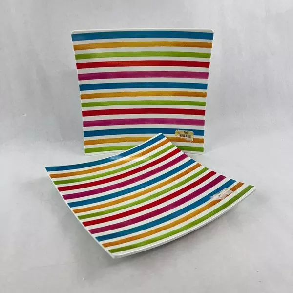 Lot of 2 Pier 1 Melamine Salad Plates - Colorful Geometric Stripes 8.5"