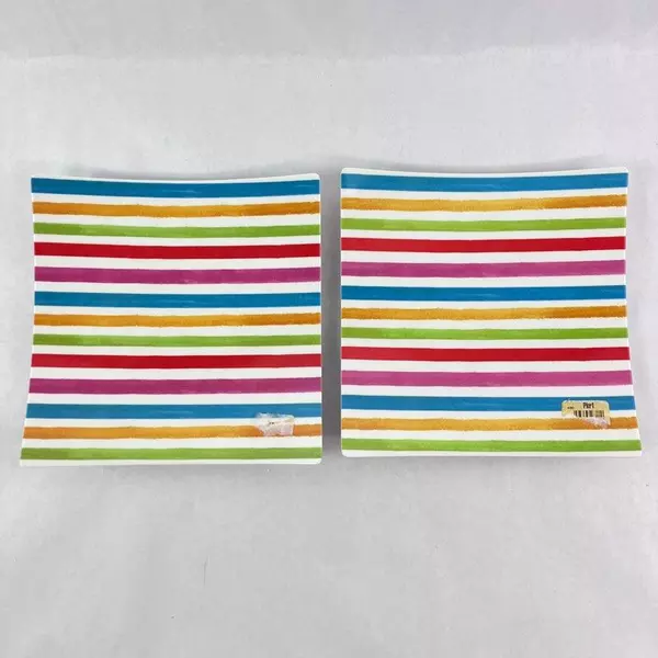 Lot of 2 Pier 1 Melamine Salad Plates - Colorful Geometric Stripes 8.5"