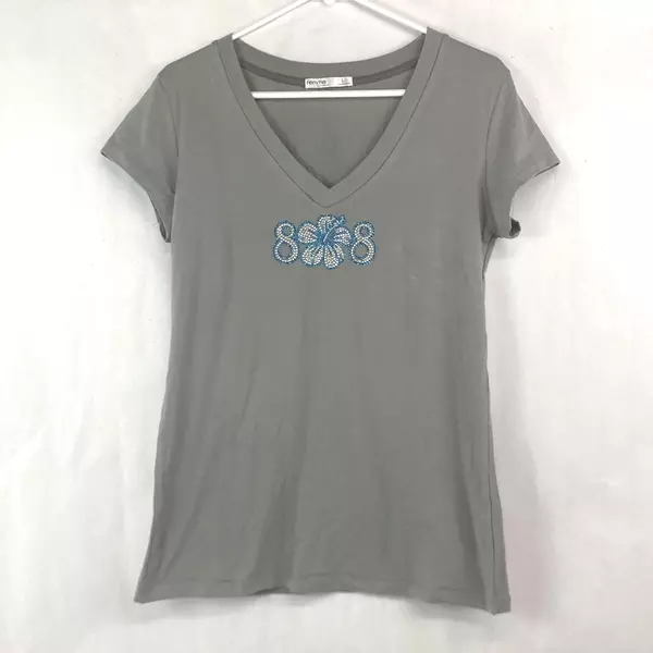 Femme By Tresics Women's L Gray Blue Beaded Top Short Sleeve Shirt