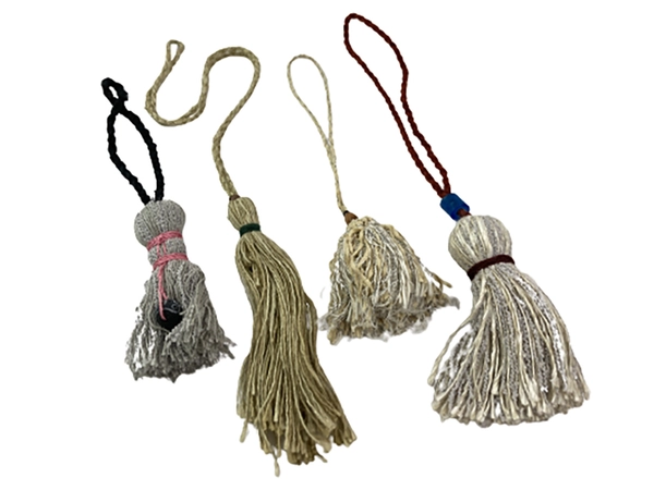 Lot of 4 Handmade Tassels by Oregon Artist Mary Rash Gray Tan Beige Wood Beading