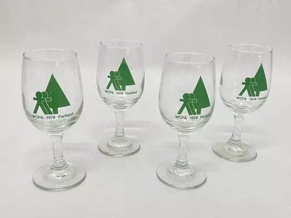 Lot of 4 WCPA 1978 Portland Crystal Wine Glasses Green Logo Vintage