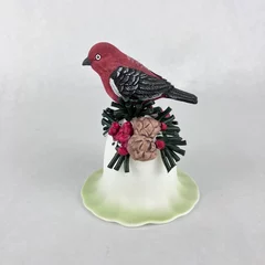 Cardinal Red Bird Ceramic Christmas Bell with Pine Cones & Berries Decor