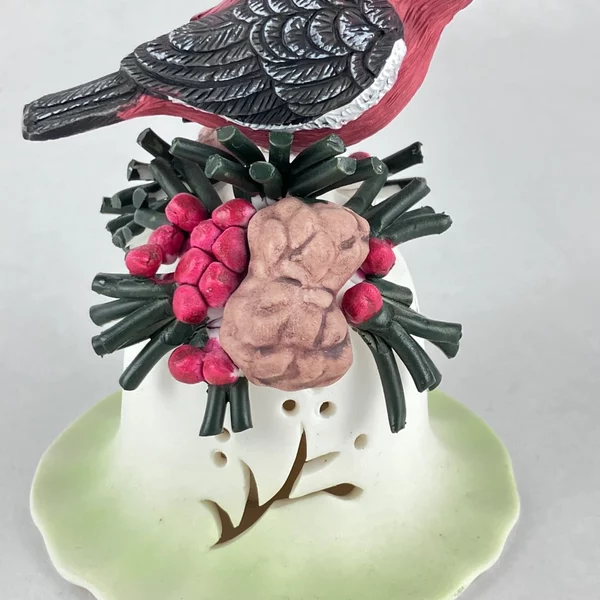 Cardinal Red Bird Ceramic Christmas Bell with Pine Cones & Berries Decor